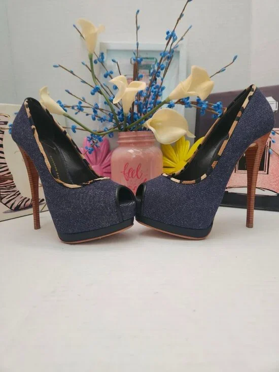 GIUSEPPE ZANOTTI Shoes Blue Denim Peep Toe Platform Heels - Picture 2 of 8